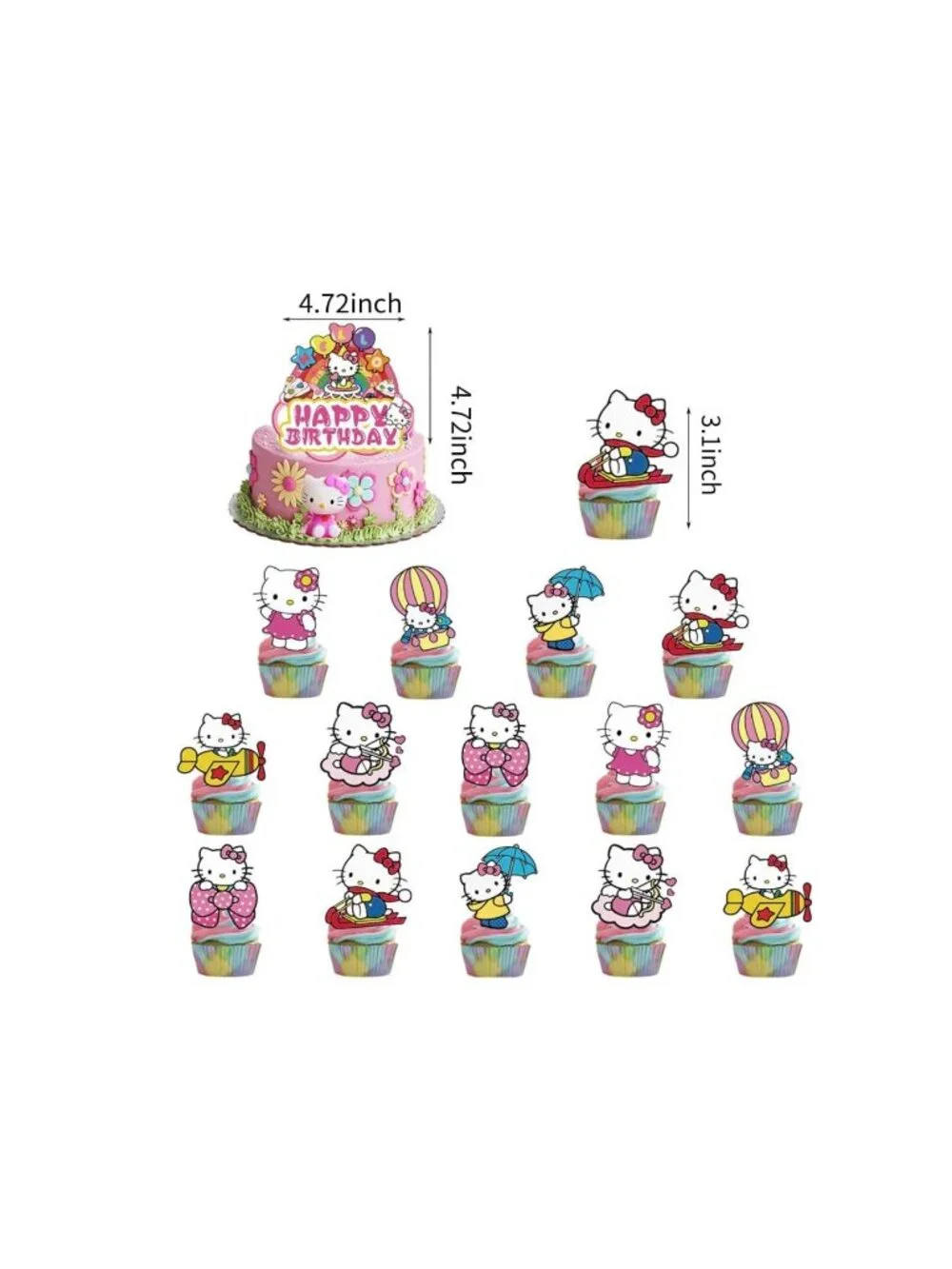 Hello Kitty Birthday Cake & Cupcake Toppers Set 4.72” Cake Topper 3.1” Cupcake T